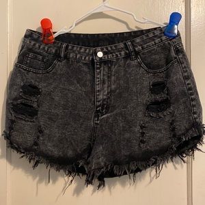 Woman’s dark grey wash destroyed high waisted jean shorts NWOT